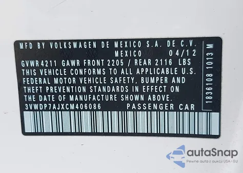 2012 Volkswagen Jetta 2.5L Se из США, поврежденный, VIN 3VWDP7AJXCM406086